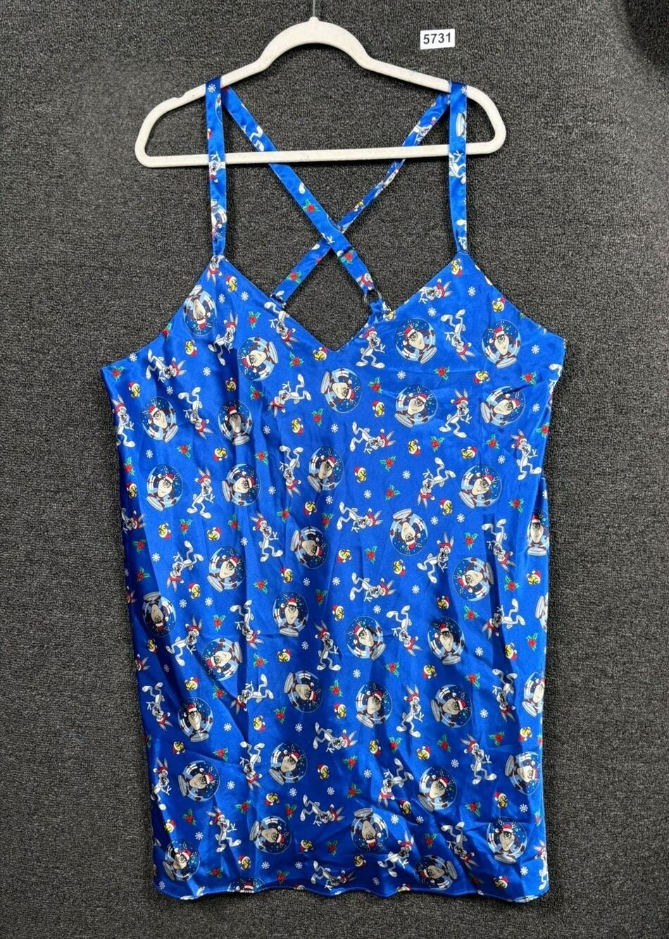 VTG 90s Looney Tunes Collection Blue Santa Taz Pattern Slip Dress Womens Size 3X